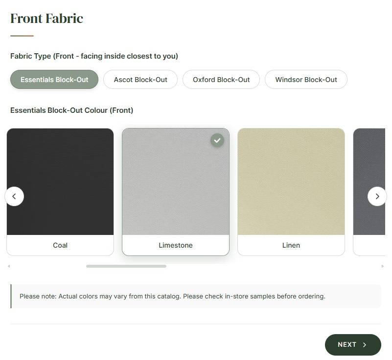 The Riva designer — choosing a front fabric for a roller blind
